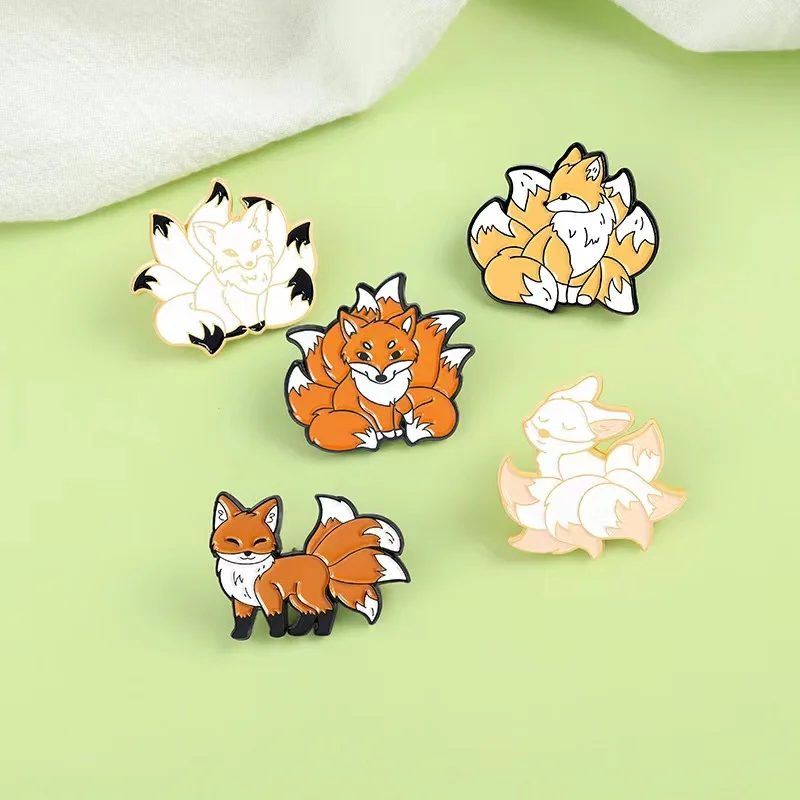 Wholesale 5 Styles Fox Enamel Pins Custom Kitsune Brooches 9 Tailed Lapel Badges Backpack Hat Cute Cartoon Animal Jewelry Gifts 