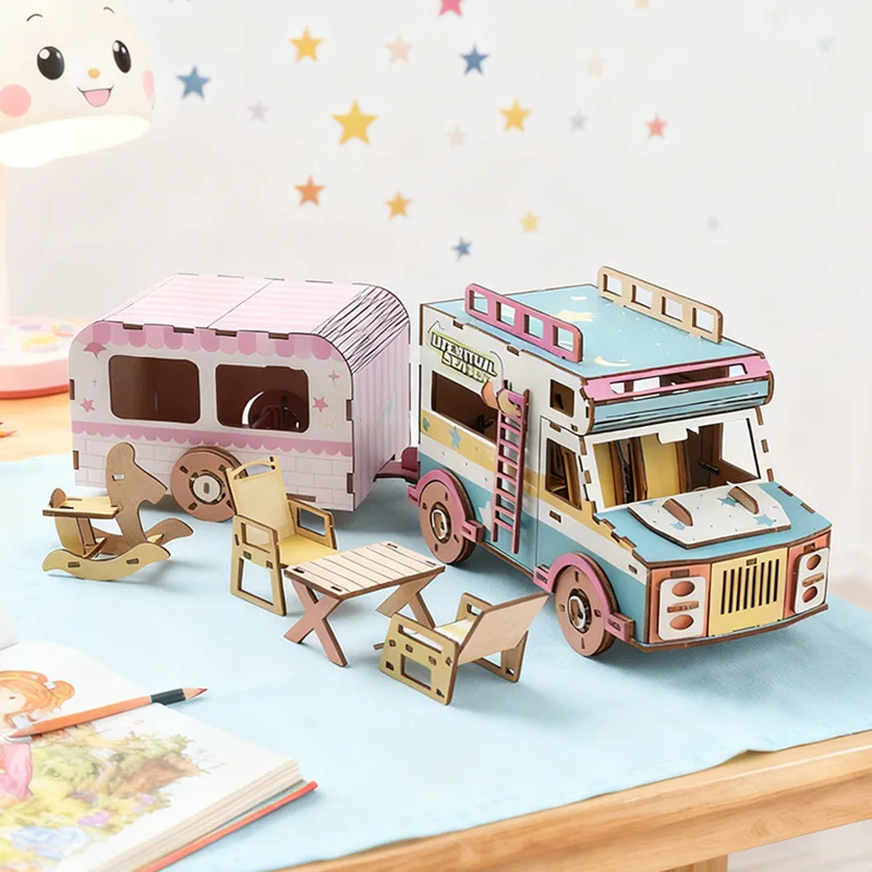 DIY Wooden 3D Puzzle Camping RV & Trailer Set, Colorful Spray-Paint Camper Van Building Kit, Montessori Educational Toy