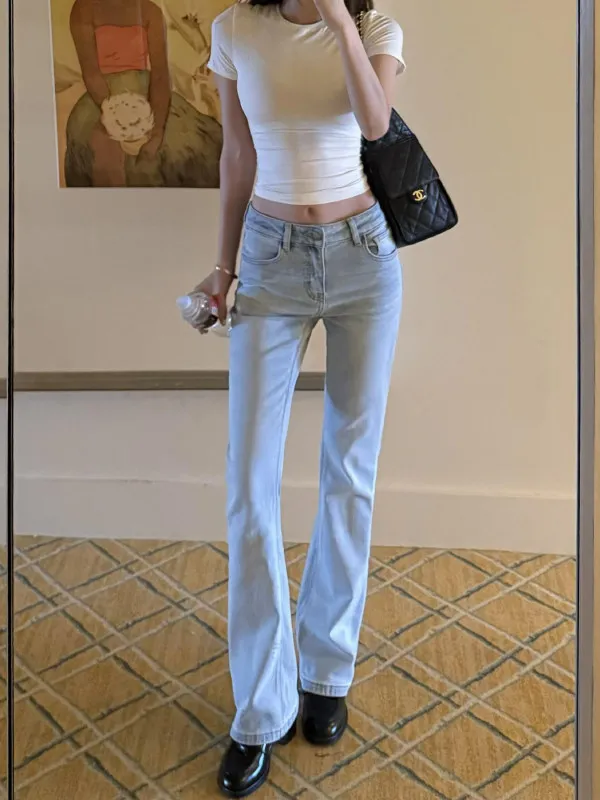 Women's Denim Pants Low Rise Jeans American Retro Blue Bootcut Jeans Y2k 2000s Harajuku Skinny Jeans Stretch Japanese