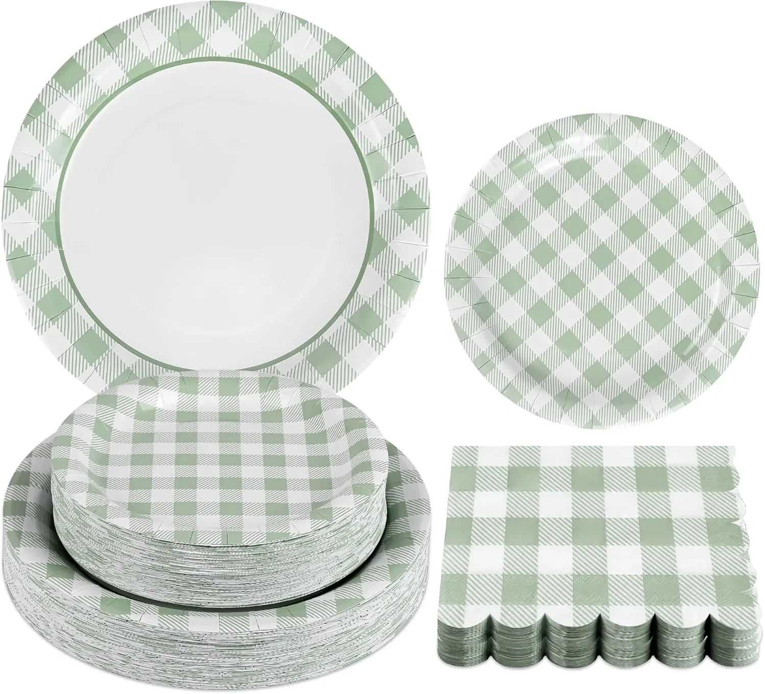 

150Pcs Sage Green Gingham Party Supplies Green Gingham Paper Plates and Napkins Green Plaid Plates Disposable Greeny and