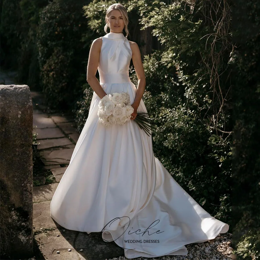 QICHE Brautkleider mit hohem Kragen, ärmellos, A-Linie, Bohe, maßgeschneidertes, rückenfreies Brautkleid, Sarin Outdoor-Brautkleider