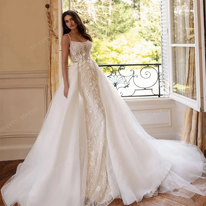 Detachable Train Wedding Dress Romantic Embroidered With Bead Mermaid Ballgown Sleeveless Squarecollar Customized Bride Dress