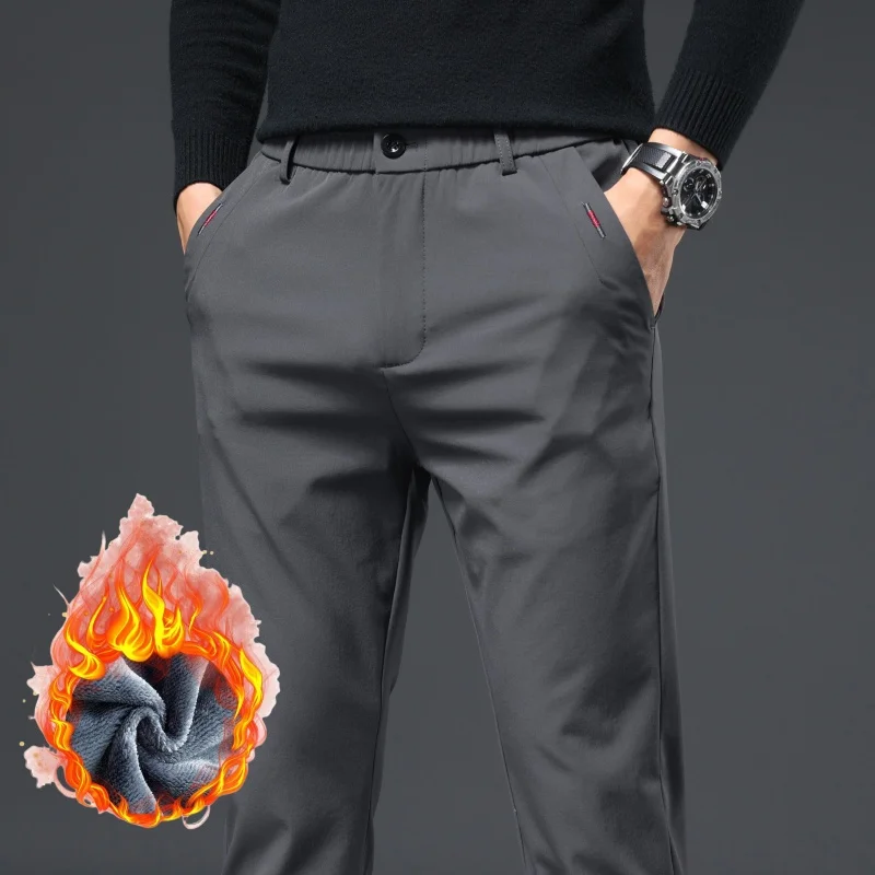 

Флисовые повседневные брюки, мужские зимние прямые деловые модные теплые бархатные узкие брюки с утолщенной эластичной резинкой на талии, мужские плюшевые брюки