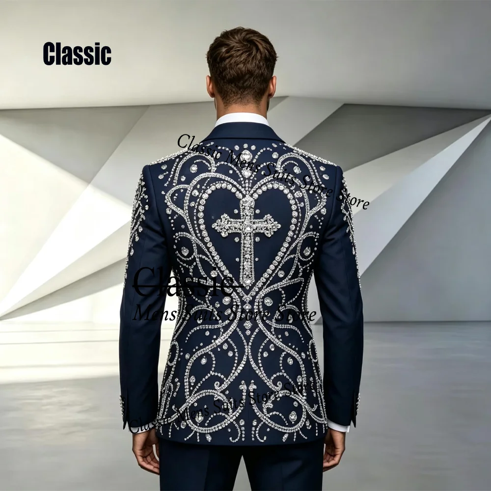 Customized Exquisite Diamond Men Suit Luxury Gem Sequins Evening Tuxedos Slim Resplendent hombre 2 Pieces Set Groom Male Blazer