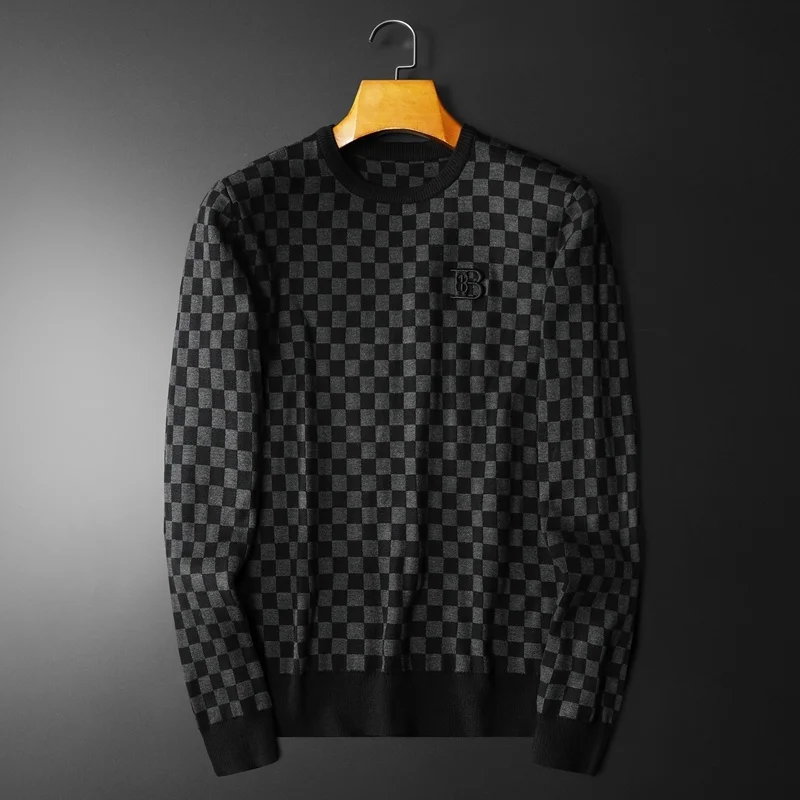 

High Quality Men's Business Long Sleeve Sweater Fall Lattice Sweater Contrast Color Pullover Sweater Streetwear Men Clothing