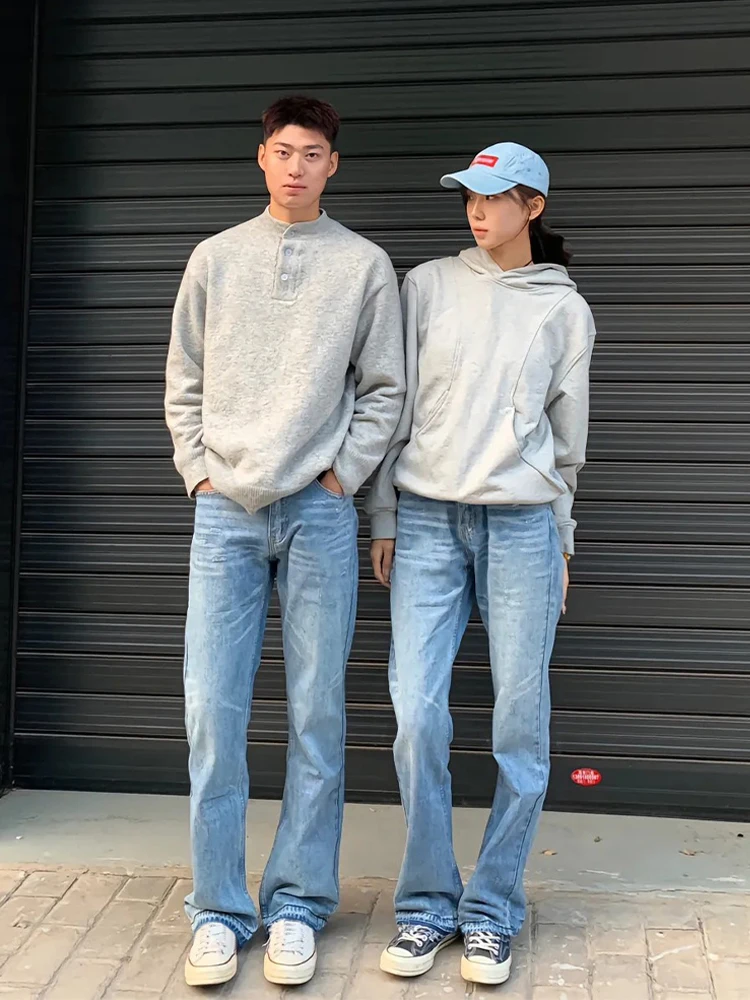 

Светло-голубые прямые джинсы для мужчин, в американском стиле, для пар, высокие, стройнящие, расклешенные брюки, молодежные повседневные джинсы