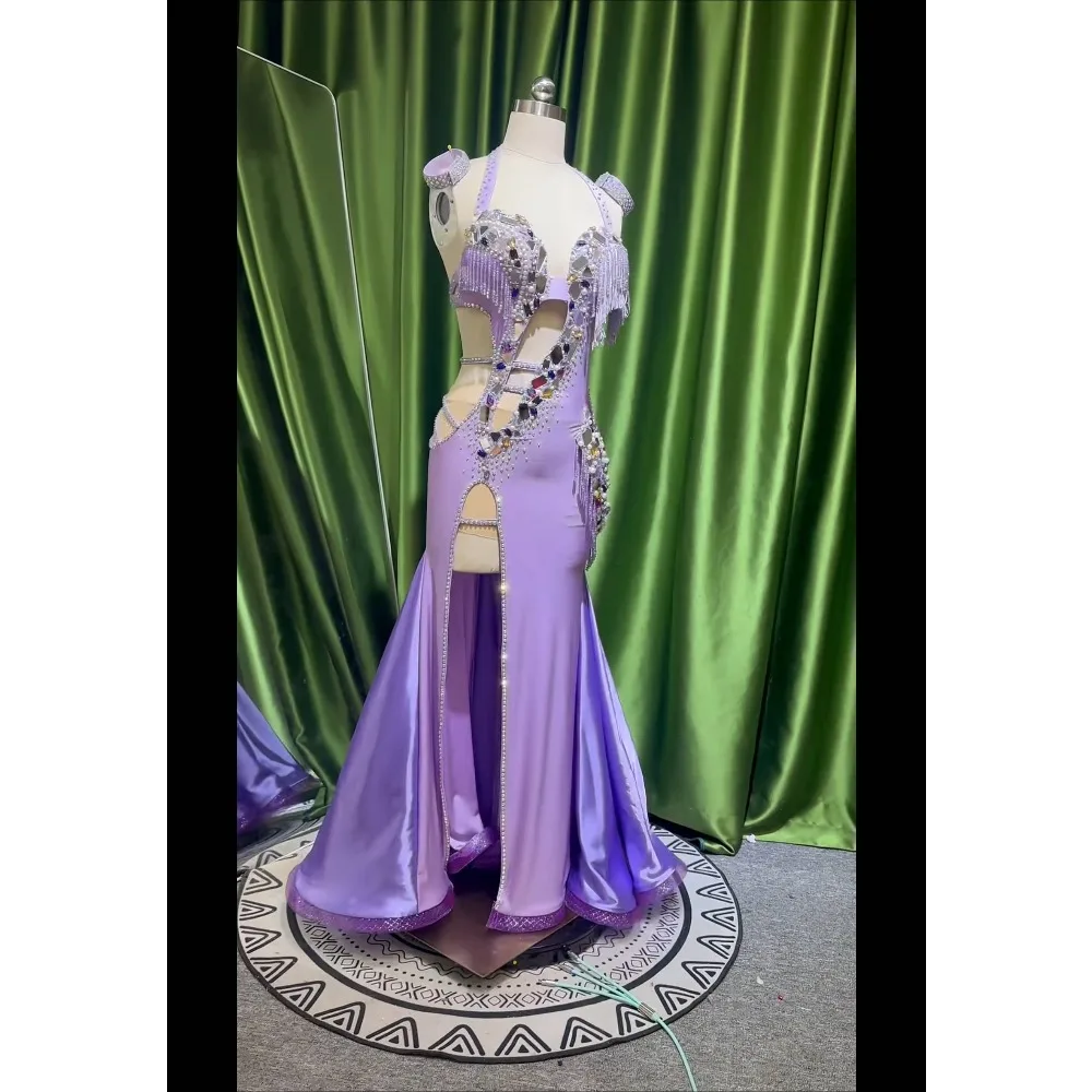 BellyDance Suit Embroidery Diamond Bra Split Fishtail Skirt Performance Set Custom Adult Child Competition Clothing Accessories