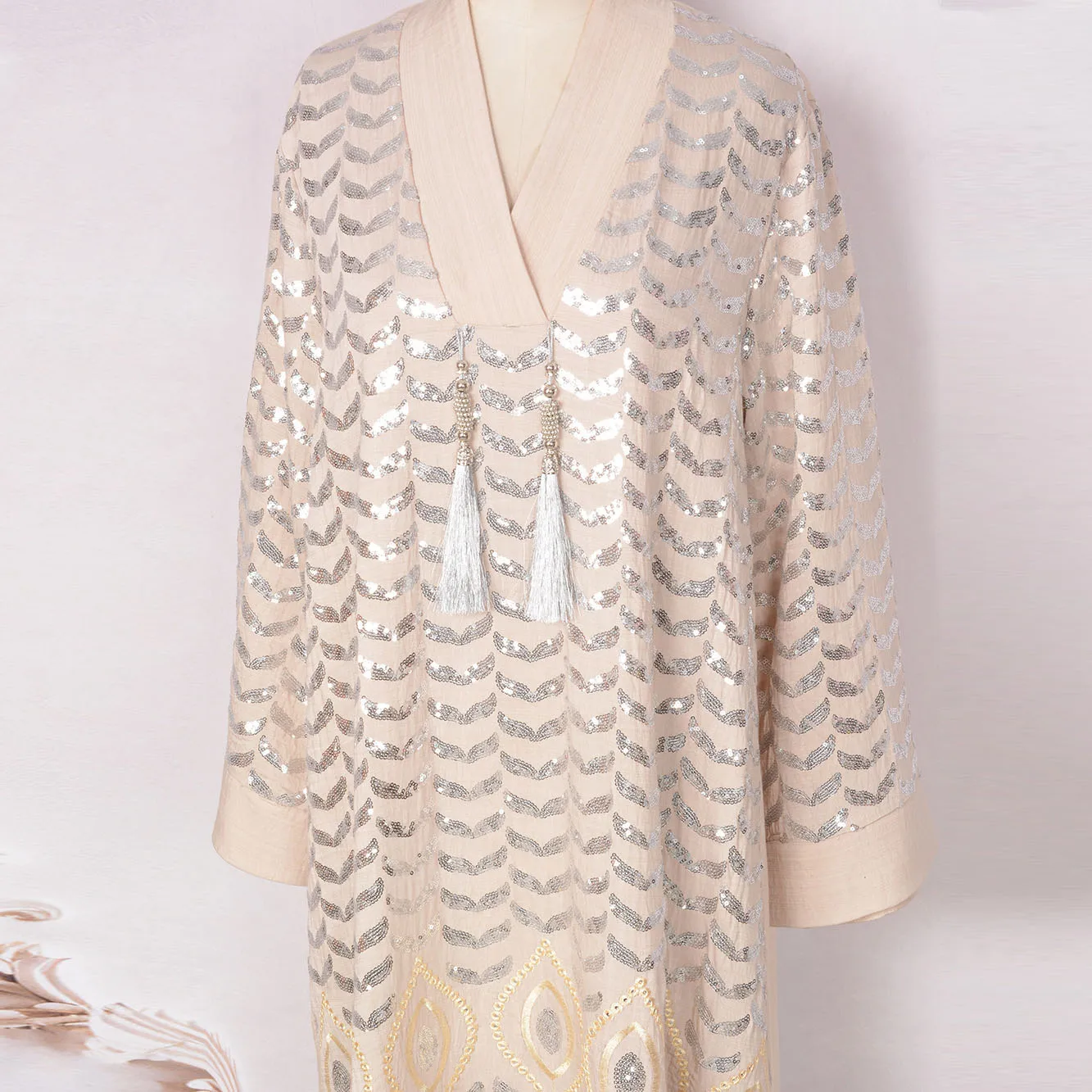 Ramadan Eid Party Regular-Fit African Abaya Kaftan Muslim Women Dress Arab Jalabiya-Tassel Charm, Sequins & Thread Embroidery