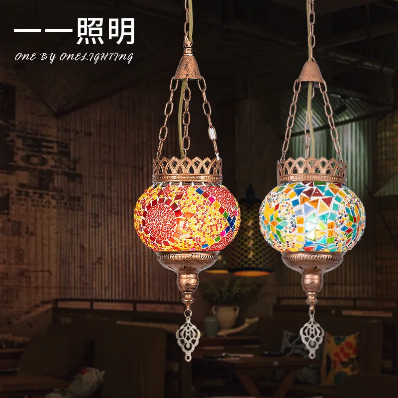 

Bohemian style single-headed chandelier, colored glass home, exotic atmosphere light, restaurant small chandelier pendant light