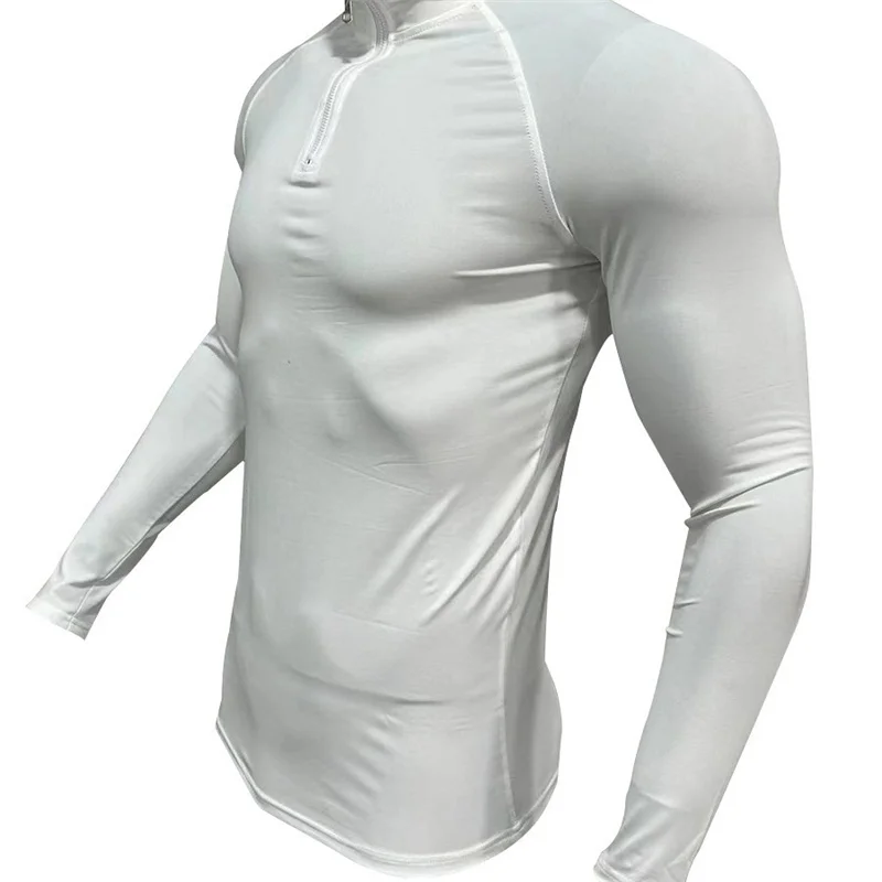 Spring quick-dry Fitness Compression T-shirt men Running Elastic Long Sleeves tops half zip High neck Tight sports T-shirt