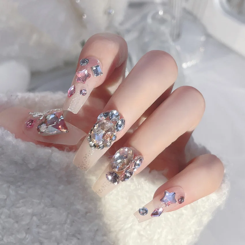 24 Uds. Nueva prensa para el Día de San Valentín en uñas, corazón, diamante, rojo, rosa, uñas postizas para mujeres y niñas, arte de uñas con diamantes brillantes