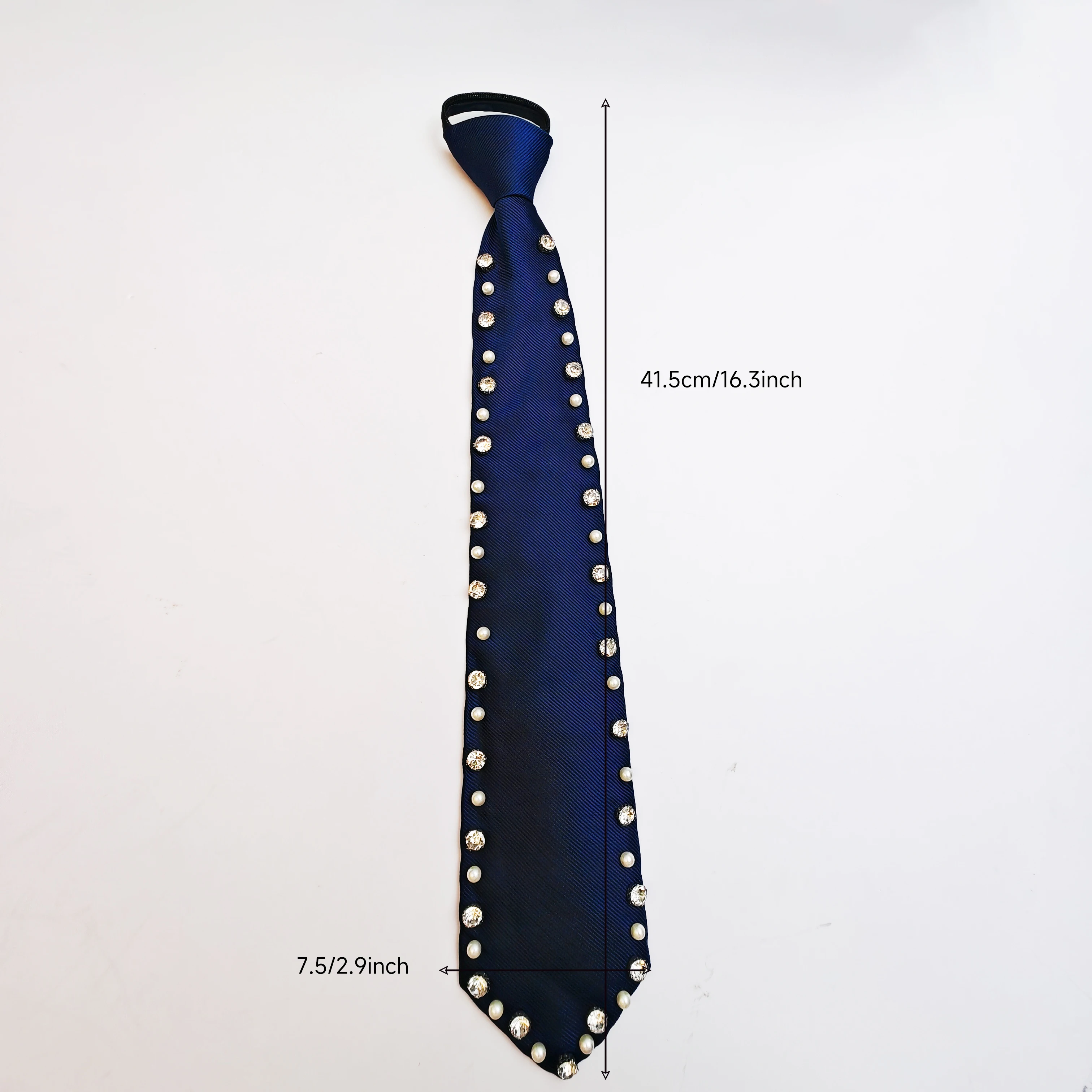 A Handmade Polyester Tie in a Solid Color with Pearl or Rhinestone Embellishments, Suitable for Both Men and Women, for Outings, Parties, Work, and Commuting