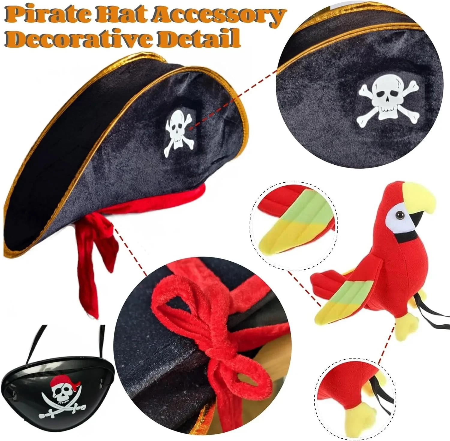 Piratenkostuumaccessoires Schedelprint Patch voor Dames Heren Kinderen Volwassenen 3 Stuks Piratenhoed & Gevulde Schouder Papegaai & Ooglapjes