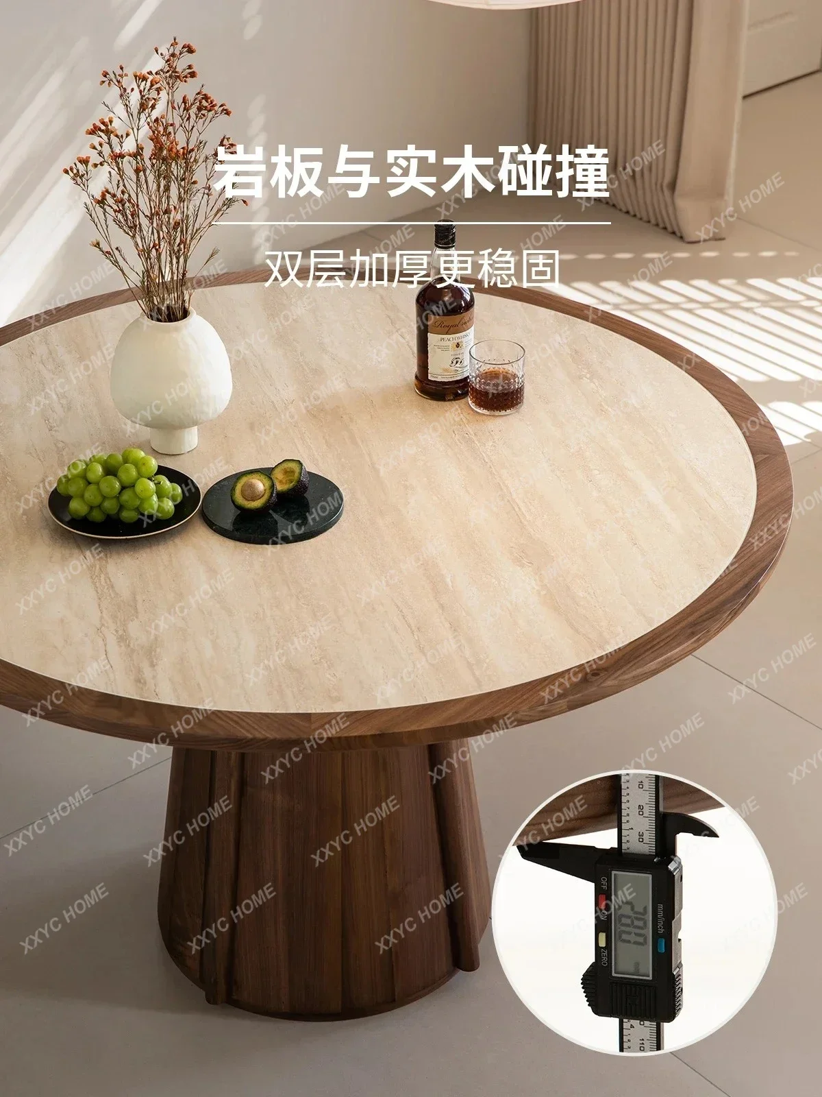 

L Travertine rock slab round dining table wabi sand wind North black walnut household small apartment dining table