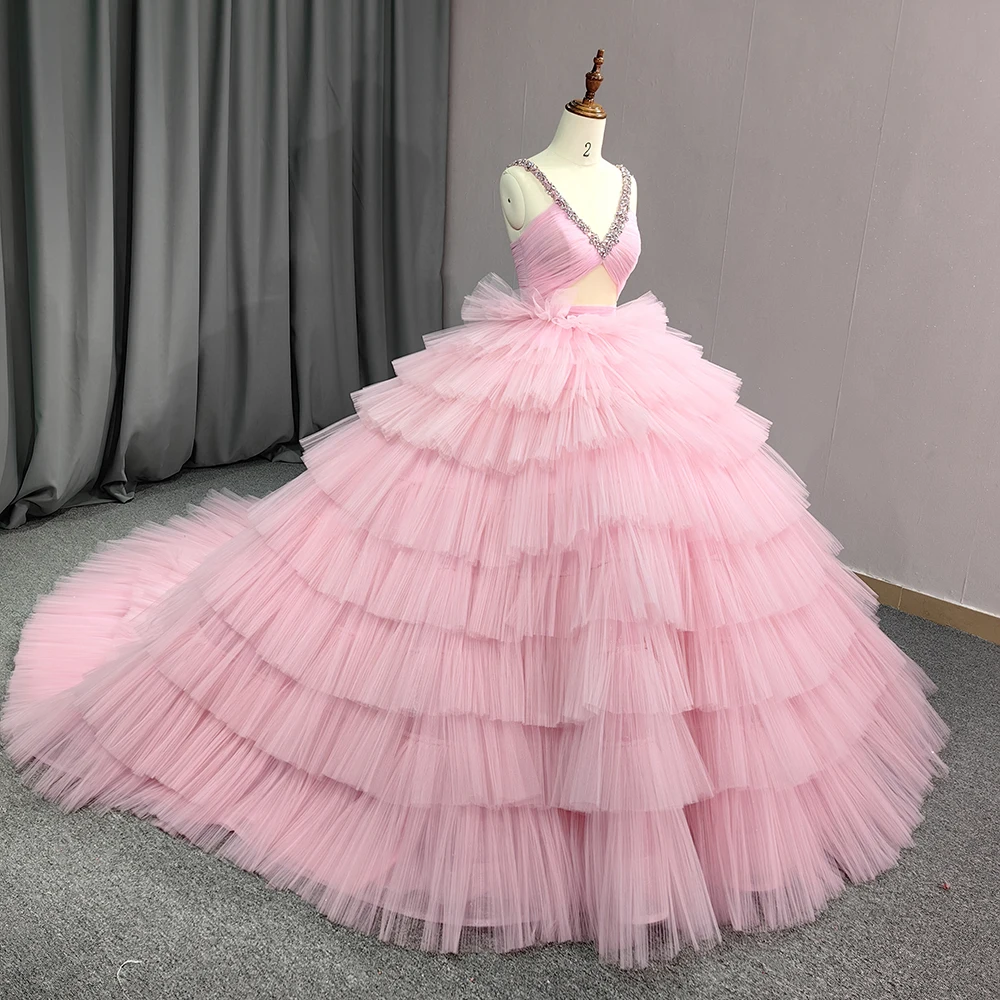 Ball Gown Tiered Pink Tulle Evening Dresses v-neck Pleated Formal Evening Gowns Crystal Beadings 5717