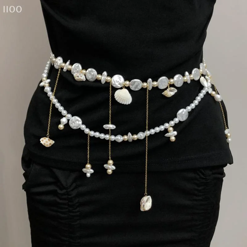 

1Pc Pearl Conch Tassel Double Waist Chain Beach Vacation Shell Waist Decoration Belt Body Chain Female Clothing Accessories