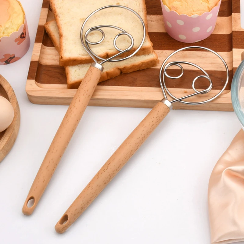 【Q】10 Inch Creative Hand Blender DIY Danish Bread Stainless Steel Bakeware Dough Whisk Egg Beater Mixer Tool Wood Handle