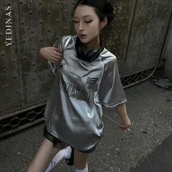 Yedinas Streetwear Patchwork Sliver Graphic T Shirts Woman Clothes Short Sleeve Loose Summer Tops 2000s Clothes Y2k Tees Tshirt