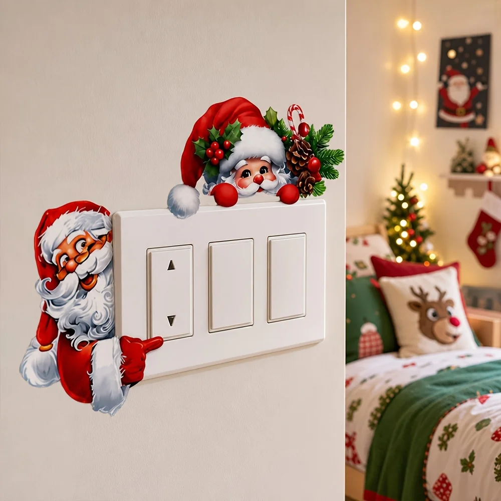 2D Funny Santa Switch Wall Sticker Peeking Santa Direction Sign Outlet Cover Holiday Self Adhesive Decor Decal Bedroom Living
