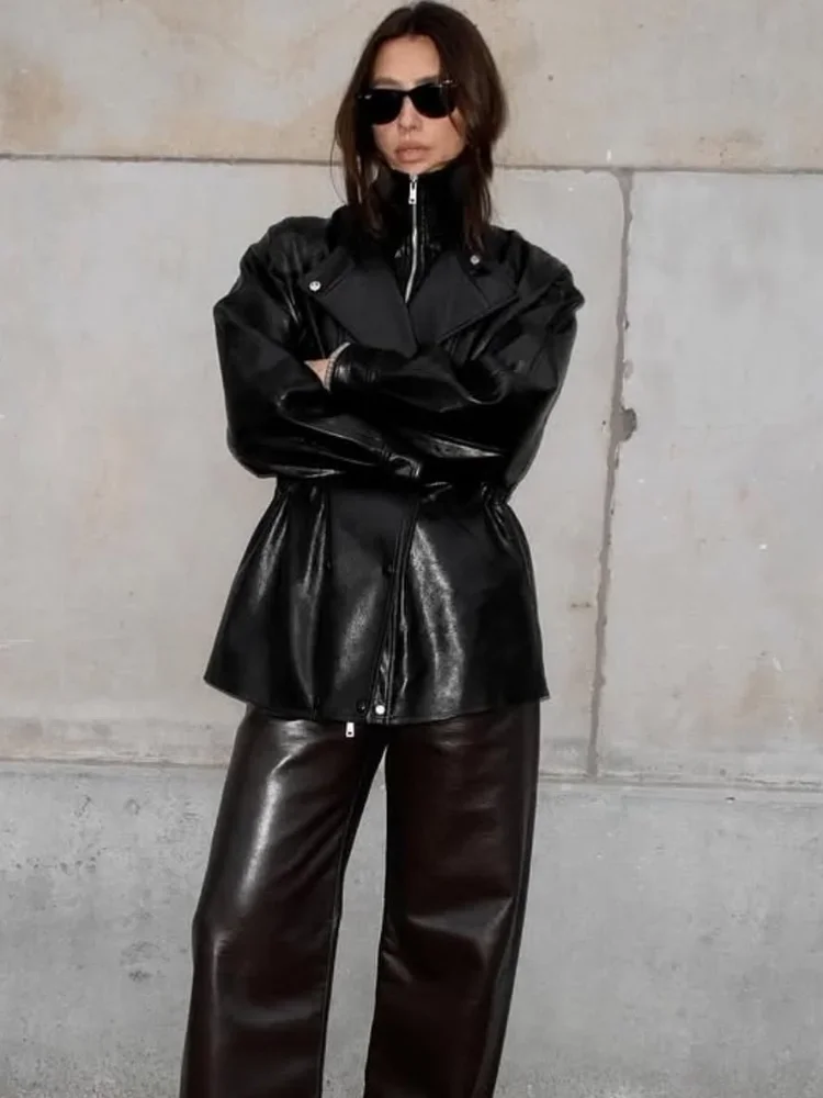 Preto zíper jaqueta de couro feminino chique casual gola manga cheia solta midi jaquetas 2025 senhora diário comute outwear novo