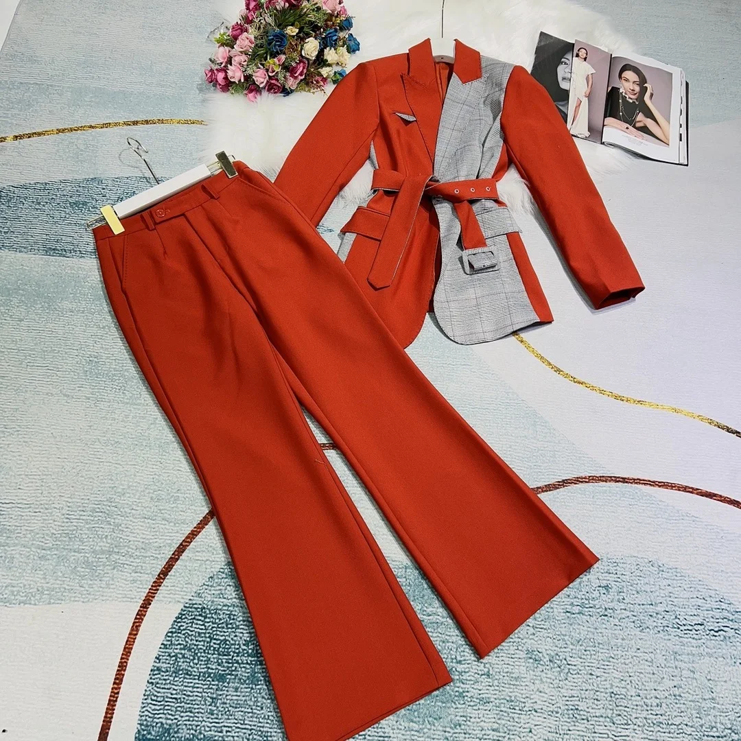 

New 2023 Winter Autumn and Fashion Stitching Plaid Belt Western Style Suit 0913