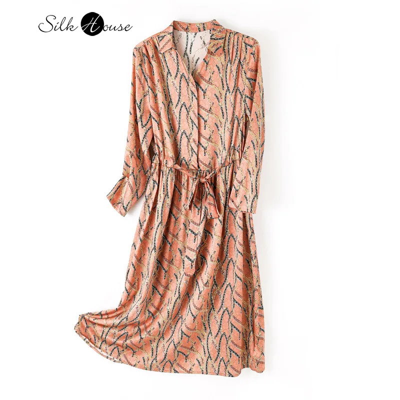 2026 Spring Clothing Temperament Waist Cinching Lapel 90% Natural Mulberry Silk Elastic Satin Long Sleeved Printed Women's Dress