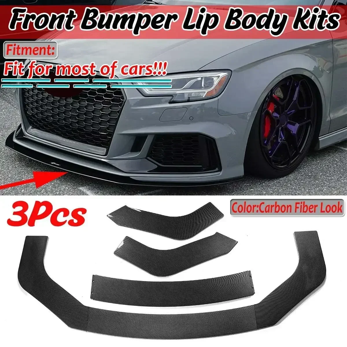 3x Carbon Fiber Look Universal Car Front Lip Bumper Splitter Spoiler Guard For AUDI A3 A4 A5 A6 A7 A7 A8 Q3 Q5 Q7 RS5 Body Kit