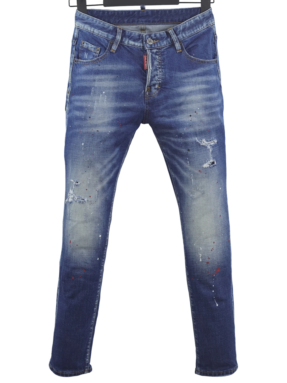 

6077, новые мужские джинсы Four Seasons D2, потертые рваные нашивки, эластичные, облегающие, чернила, синие