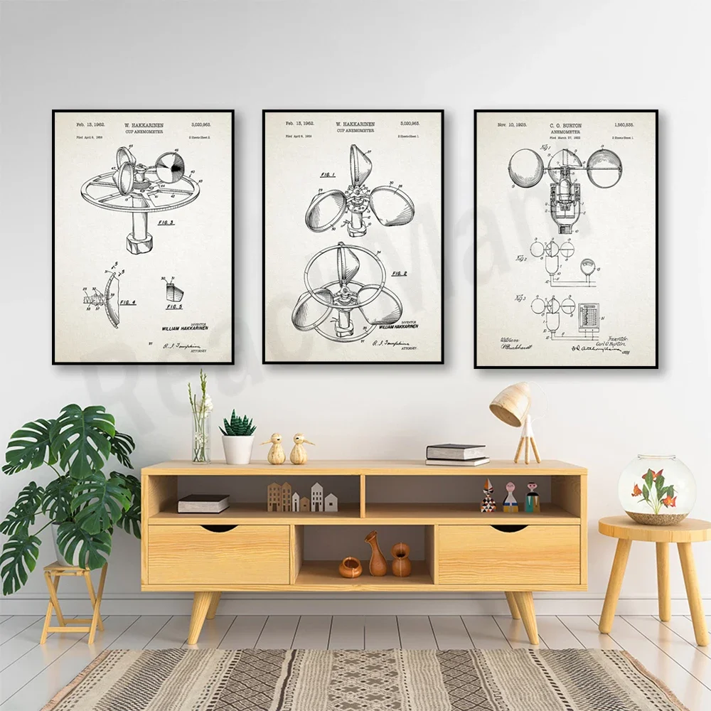 Anemometer illustration, anemometer patent art, weather wall art, weather station decorative poster canvas print