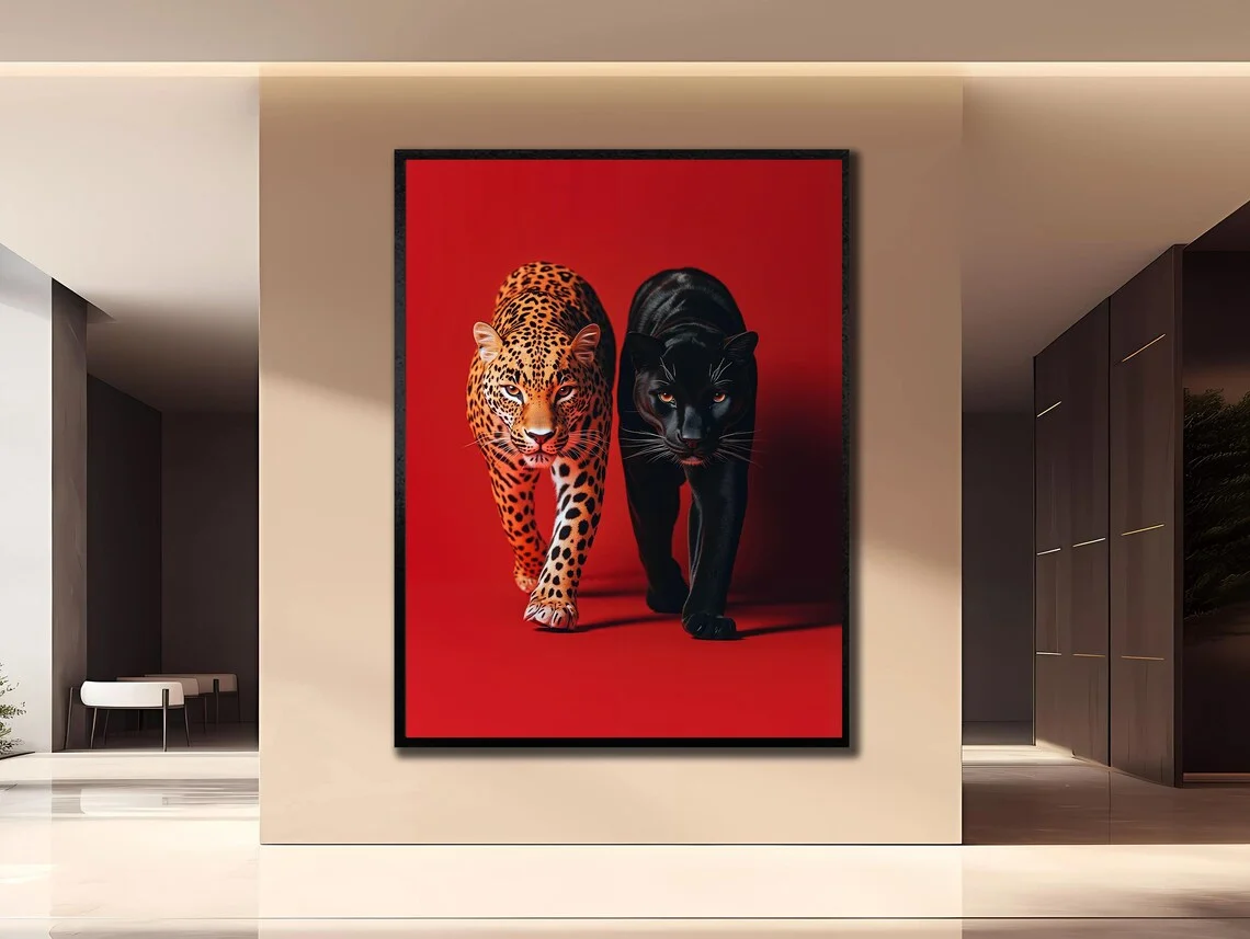 Leopard & Black Panther Wall Print Decor - Bold Digital Art of a Spotted Leopard and a Black Panther Walking Side by Side, Again