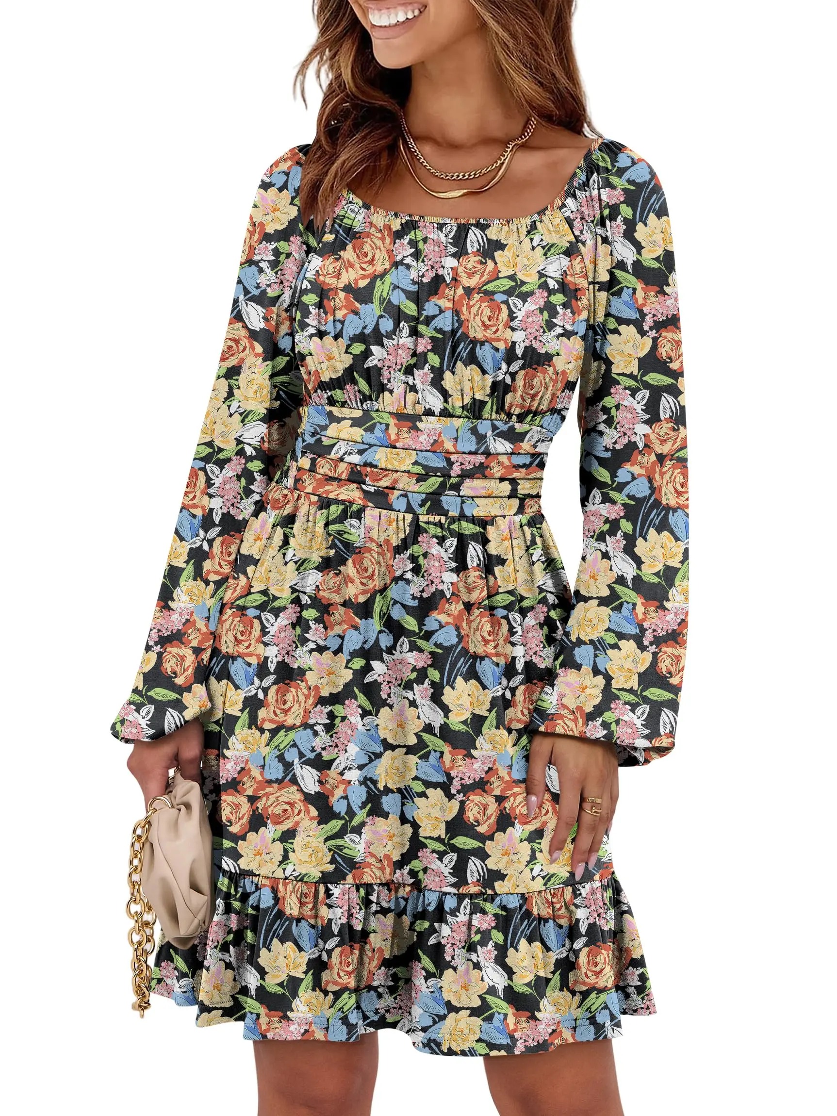 

Women Floral Print Square Neck Long Lantern Sleeve Elastic Waist Ruffle A-Line Short Dress