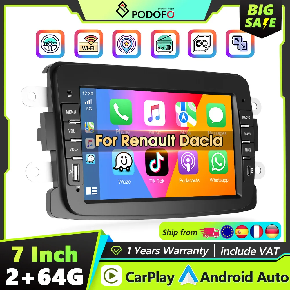 Podofo 2Din Android Autoradio Carplay Android Auto Mirror Link GPS WIFI Auto-Audio für Renault Dacia DaciaLogon Duster Captur