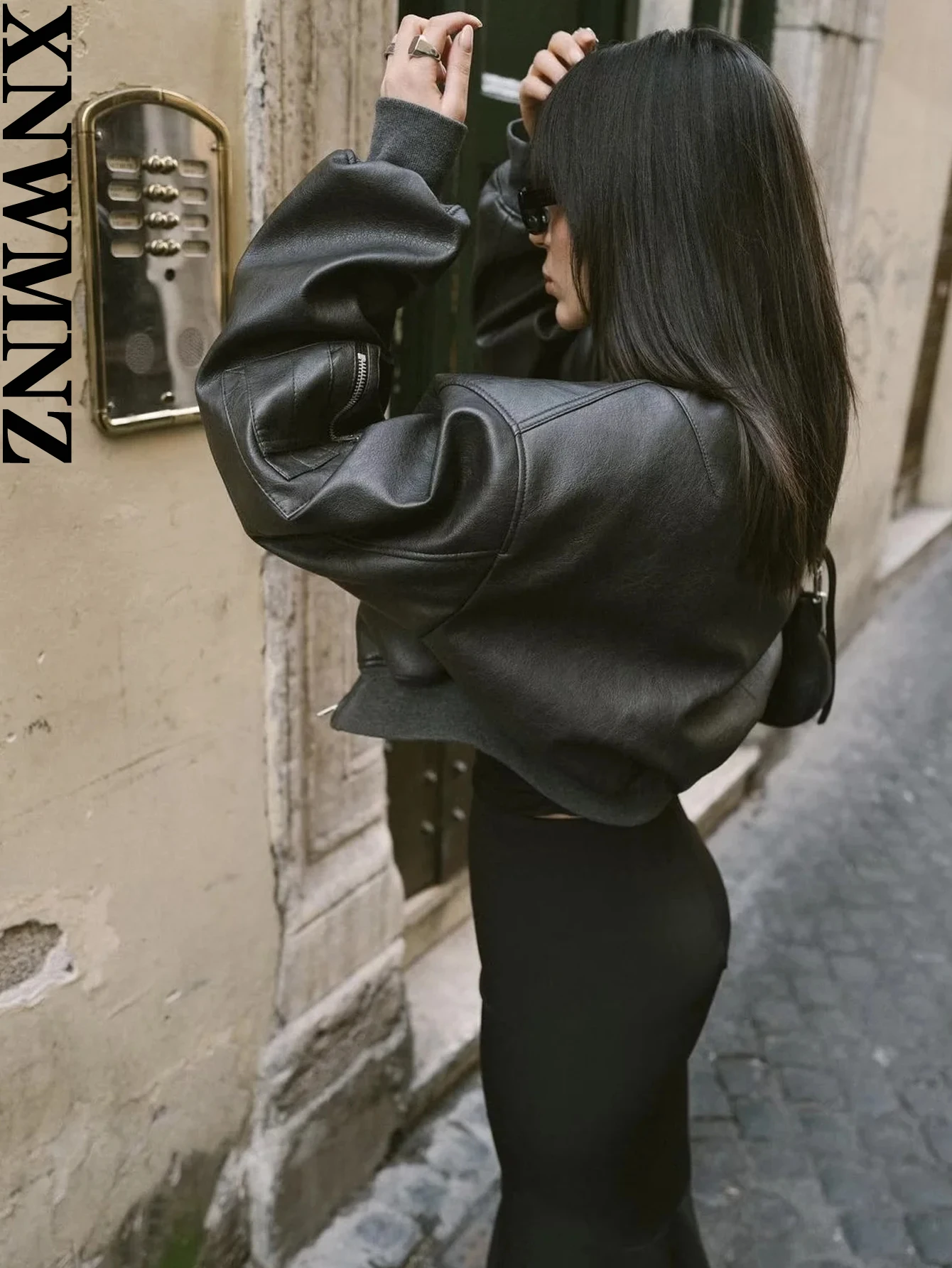 XNWMNZ-Chaqueta acolchada de cuero sintético para mujer, abrigo de manga larga con cremallera y cuello redondo, moda urbana, 2023