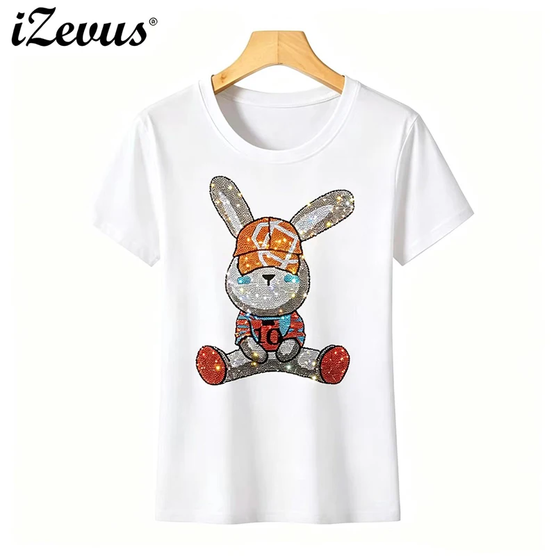IZEVUS summer new women's T-shirt fashion short-sleeved cartoon casual shirt basic paragraph T-shirt round neck women's tops