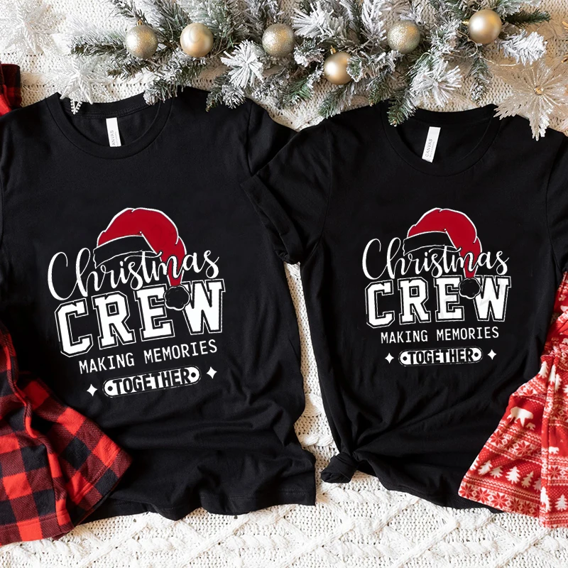 面白いクリスマスクルー一緒に思い出を作りプリント Tシャツ女性ファッションカジュアル半袖クリスマスパーティー Tシャツ服