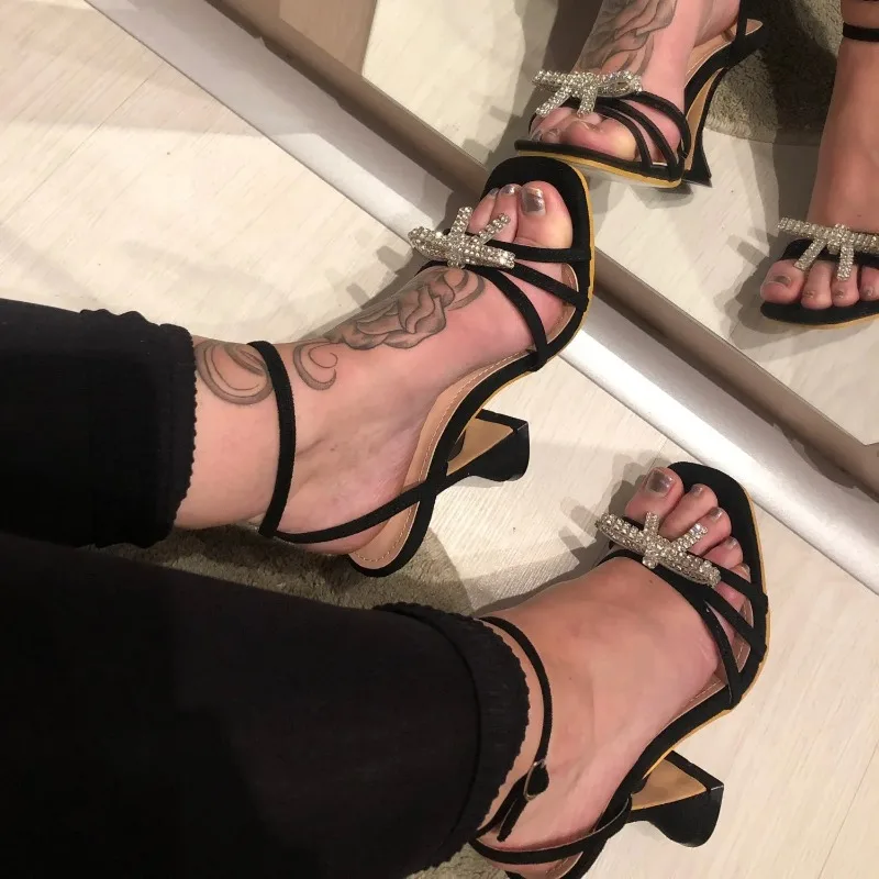 Ultra-high Heel Women's Sandals Fashion Square Toe Design High-heeled Sandal Luxury Rhinestone Bow High-heeled Sandals for Women view 4