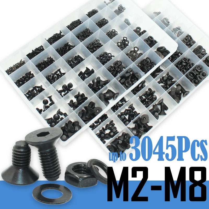 3045p Śruba z łbem sześciokątnym z gniazdem sześciokątnym z łbem stożkowym płaskim Zestaw podkładek M2 M2.5 M3 M4 M5 M6 M8 Stal węglowa czarna klasy 10.9