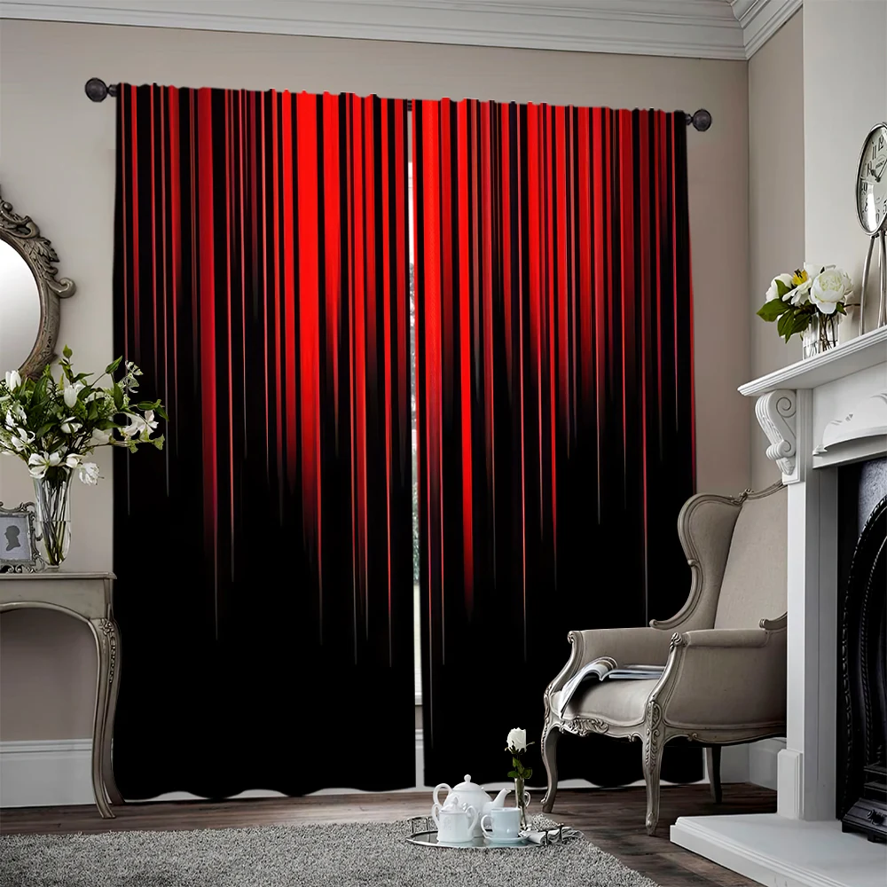 2pcs, spring summer Curtains Red black gradient stripe Art Digital Print Drapes Durable 100% Polyester Fabric All Seasons Ldeal