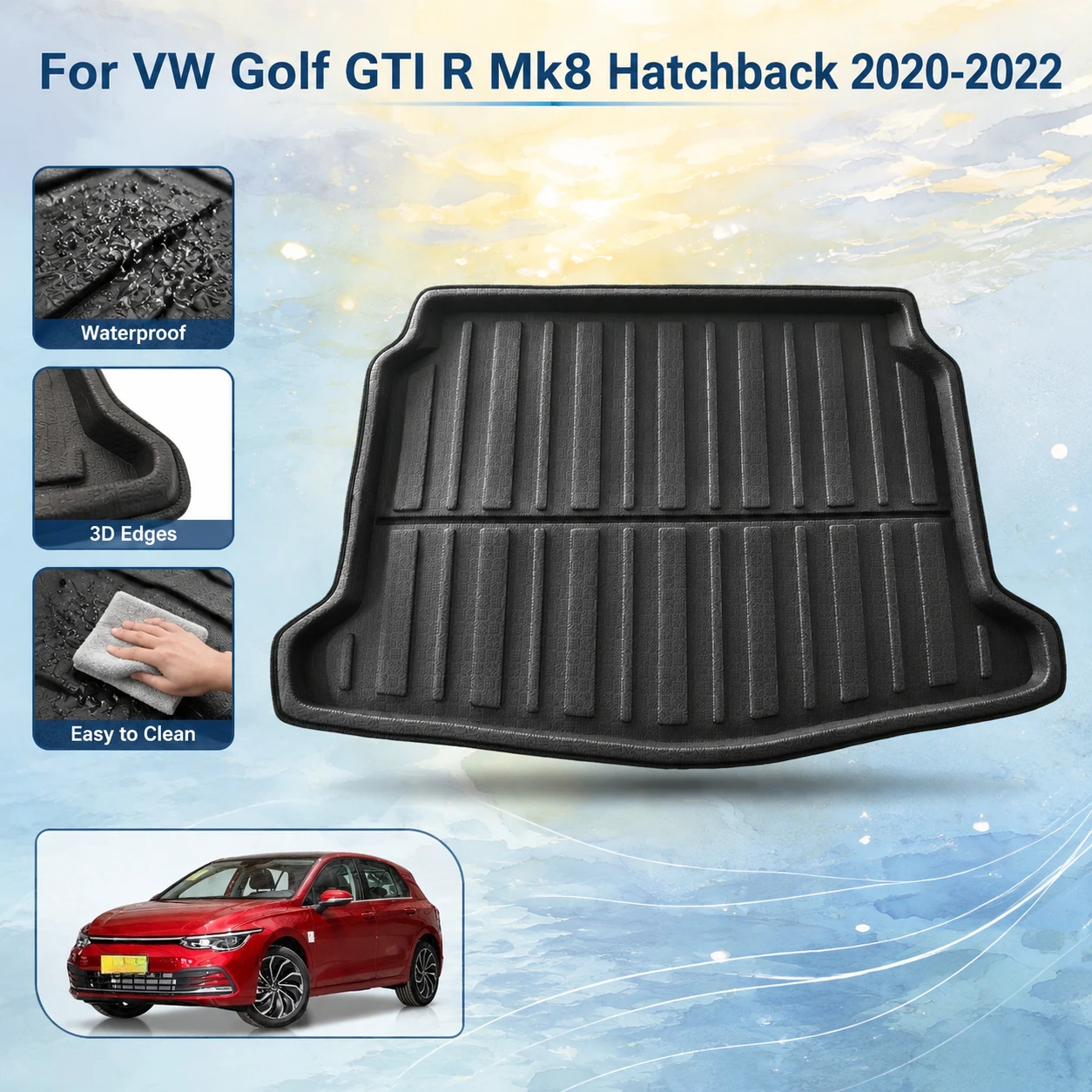 Kofferraummatte für Volkswagen VW Golf 8 Mk8 2020-2023, passend für alle Jahreszeiten, schwarze Kofferraummatte, lasergeschnittene Kofferraummatte