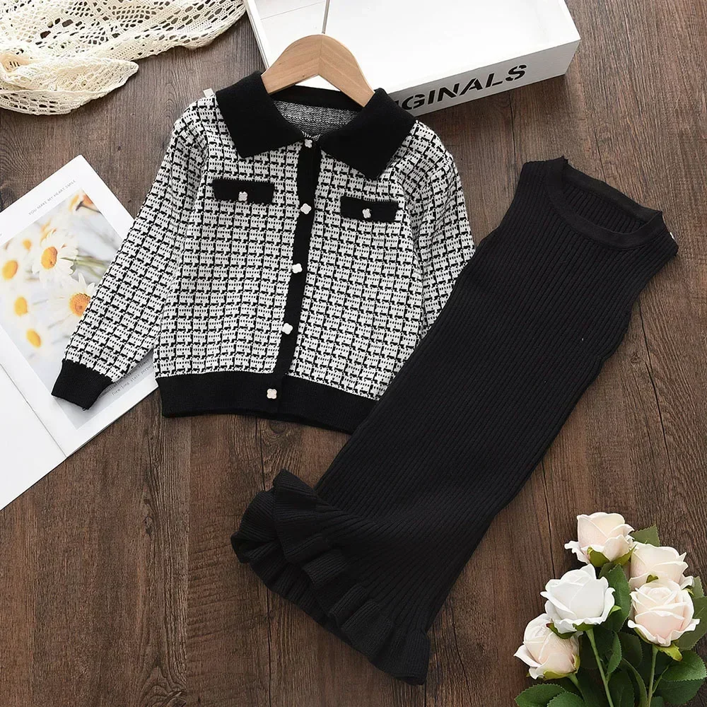 Melario Baby Girls Clothes Set Sweet Princess Outfits Autumn Winter Kids Girls Long Sleeve Knitted Printed Sweater Dress 2pcs