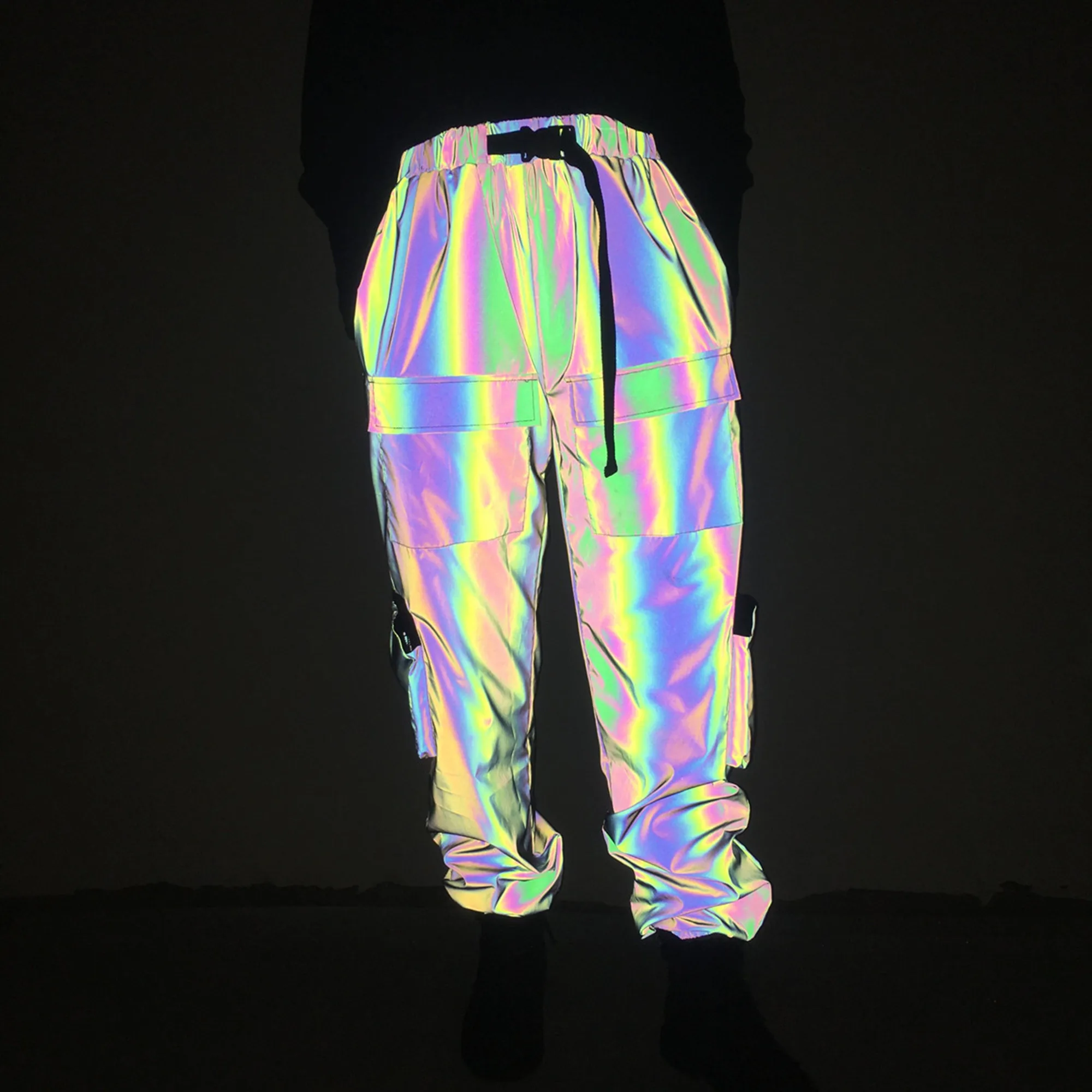 Holographic Women Reflective Rave Geometric Colorful Hip Hop Cargo Pants Casual Jogging Sweatpants Clothing