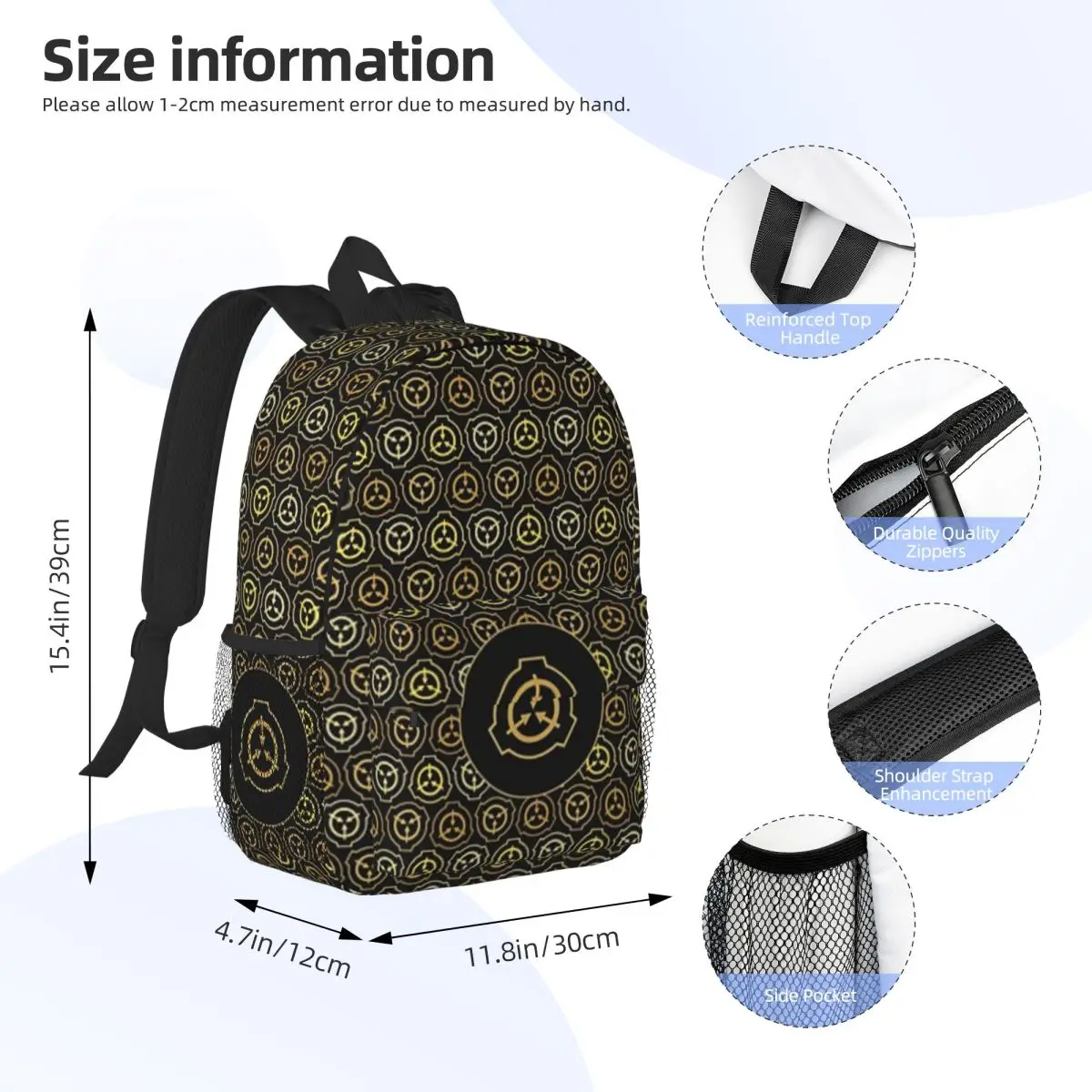 SCP Foundation Padrão de logotipo dourado novo padrão elegante bolsa escolar estampada mochila leve de 15 polegadas