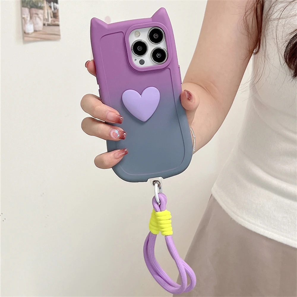 3D Love Heart Cat Ear Liquid Silicone With Wrist Strap Case For iPhone 15 14 11 12 13 Pro Max XS XR X 8 7 Plus Solid Color Cover