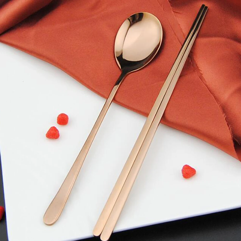 

Stainless Steel Flatware Set Korean Style Cutlery Spoons Chopstick Wide Lightweight Portable Tableware Sets Elegant