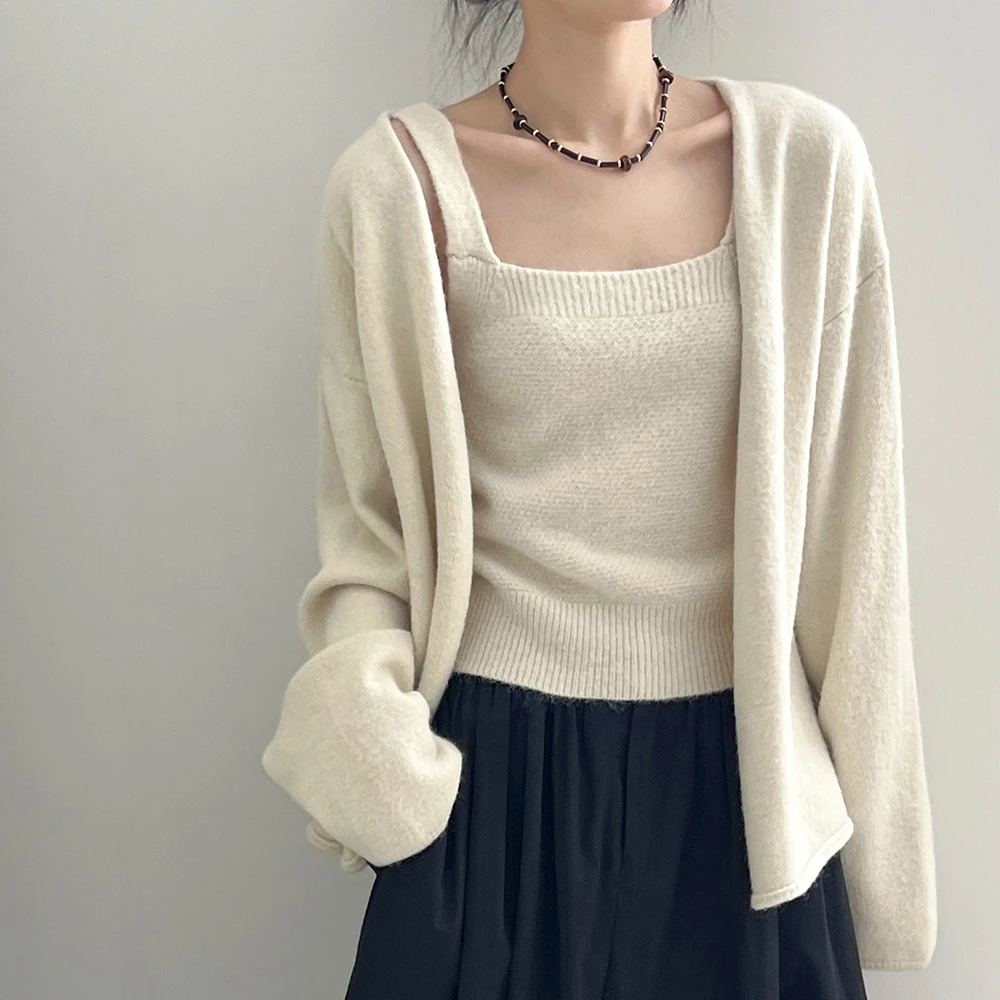 2024 Women Autumn O-Neck Two Pieces Design Cardigans Coat Knitted Gray  Sweater Women Cape Clothes Tops