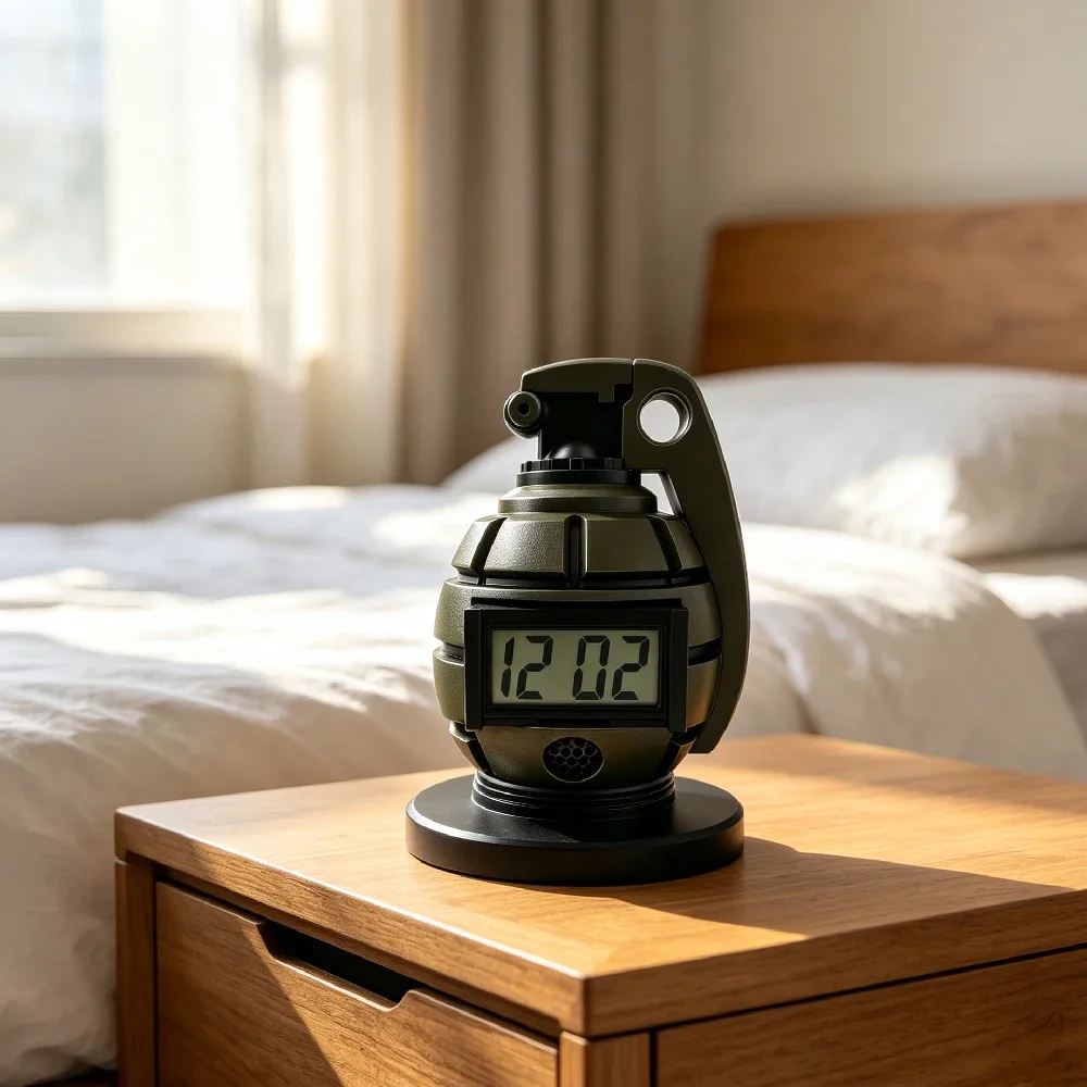 Grenade Shaped Alarm Clock, Loud Drill Sergeant Voice Alarm with Flashing LED & Vibration, 5 Alarm Modes,Pull-Pin Shutoff Design