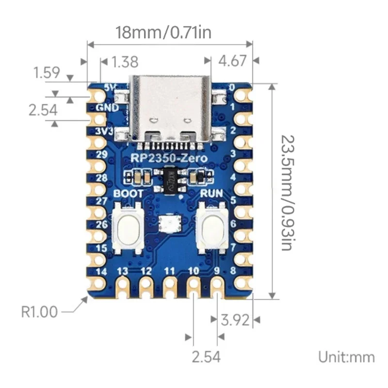 RP2350 Microcontroller Poard с двумя Arm Cortexm33 и RISC V -ядрами 150 МГц.