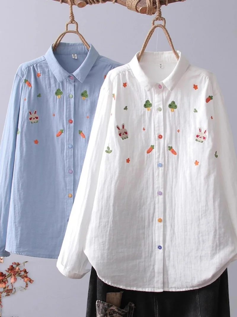 

Sweet Cartoon Embroidery Double-Layer Cotton Yarn Long Sleeved Shirt For Women Lapel Loose Base Top Spring Autumn w259