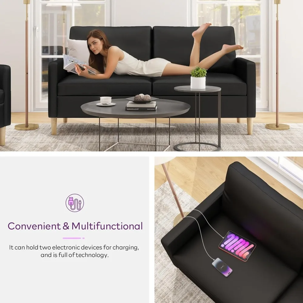 أرائك أريكة من الجلد الصناعي باللون الأسود مقاس 66 بوصة مع USB، طقم غرفة معيشة مكون من قطعتين، مقعد معنقدة حديث من منتصف القرن بمقعدين للمكتب الصغير #4