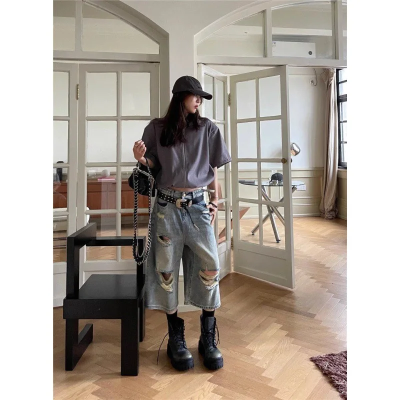 미국 스트릿 바이브 하이웨이스트 찢어진 와이드 레그 청바지 여성용 루즈핏 캐주얼 레트로 워싱 스트레이트 크롭 팬츠